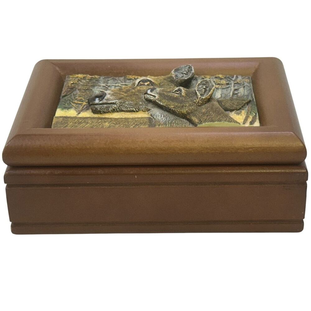 Raised Relief Doe & Fawn Deer Inlay Decorative Lined Wooden Trinket/Jewelry Box